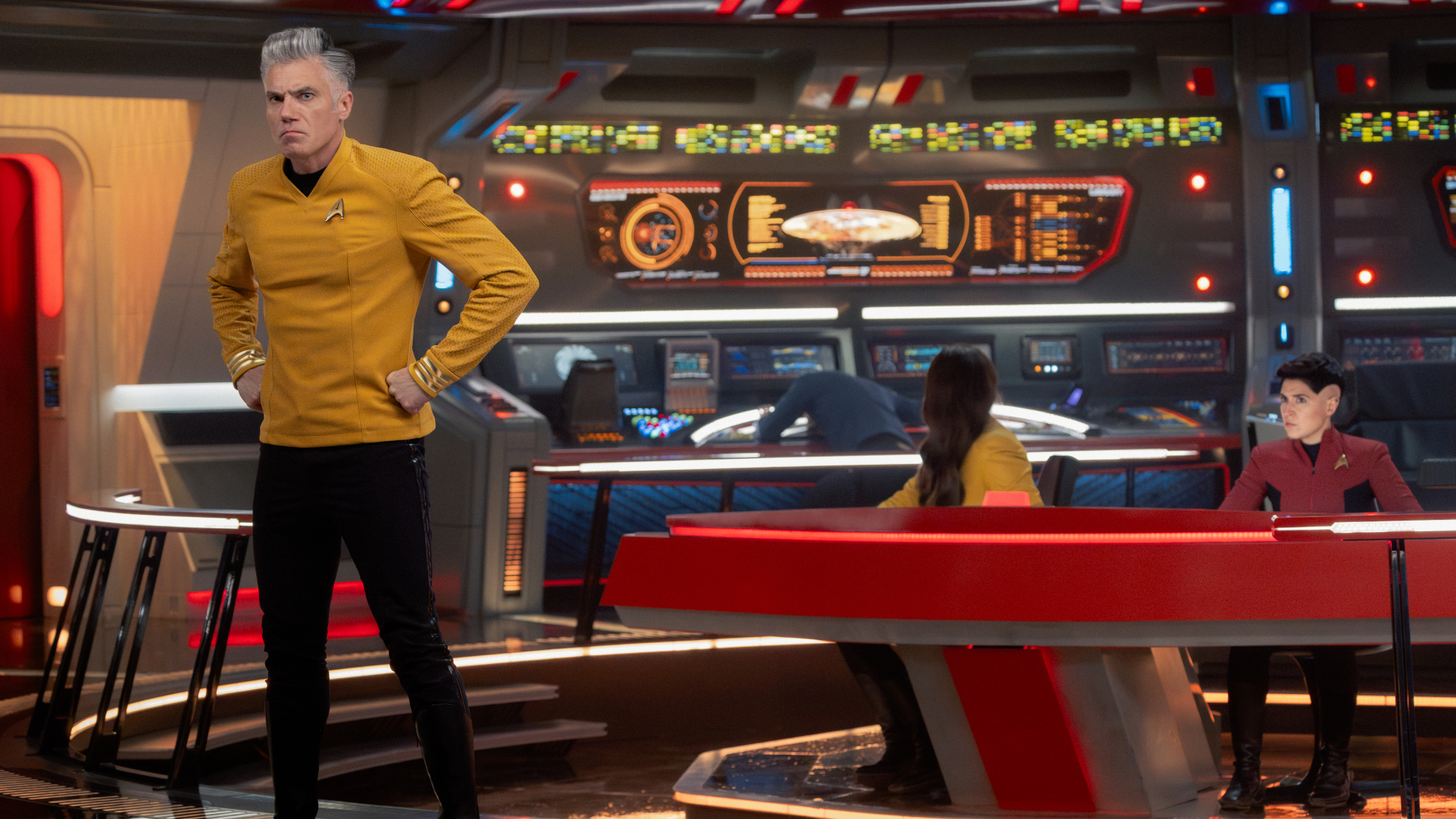 (L-R): Anson Mount as Captain Pike, Ethan Peck as Spock, Rebecca Romijn as Una, and Melissa Navia as Erica Ortegas in Star Trek: Strange New Worlds, episode 9, season 4