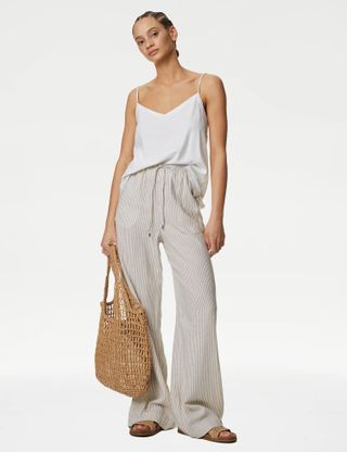 Linen Blend Wide Leg Trousers