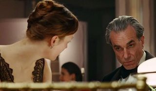 Phantom Thread Vicky Krieps Daniel Day Lewis shooting disapproving looks at the table