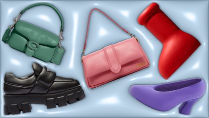 Graphic of the 2023 puffy trend featuring Prada loafers, Coach bag, and MSCHF boot