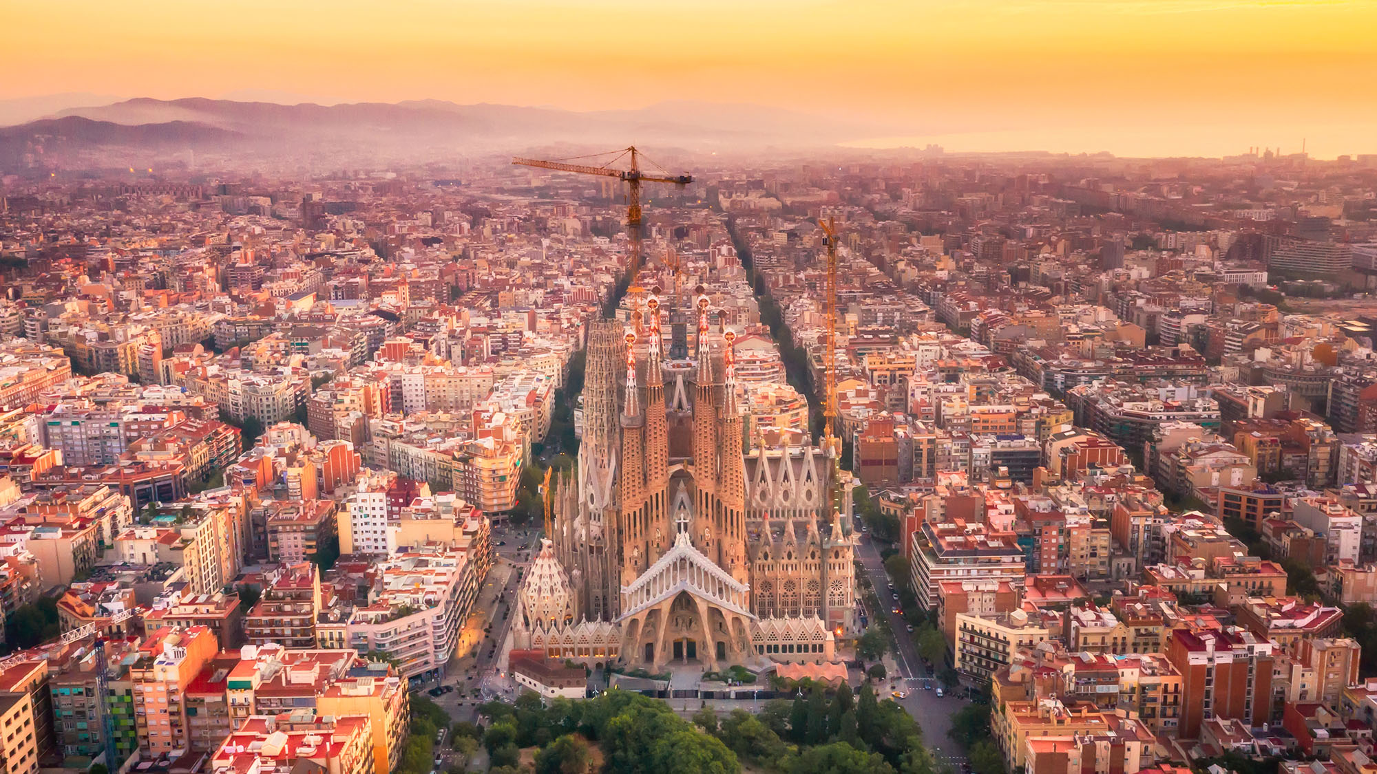 Sagrada Familia, in Barcelona, at sunset