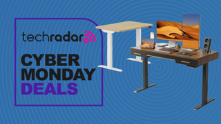 A Branch Duo and Fezibo standing desk next to a TechRadar badge reading 'Cyber Monday deals'