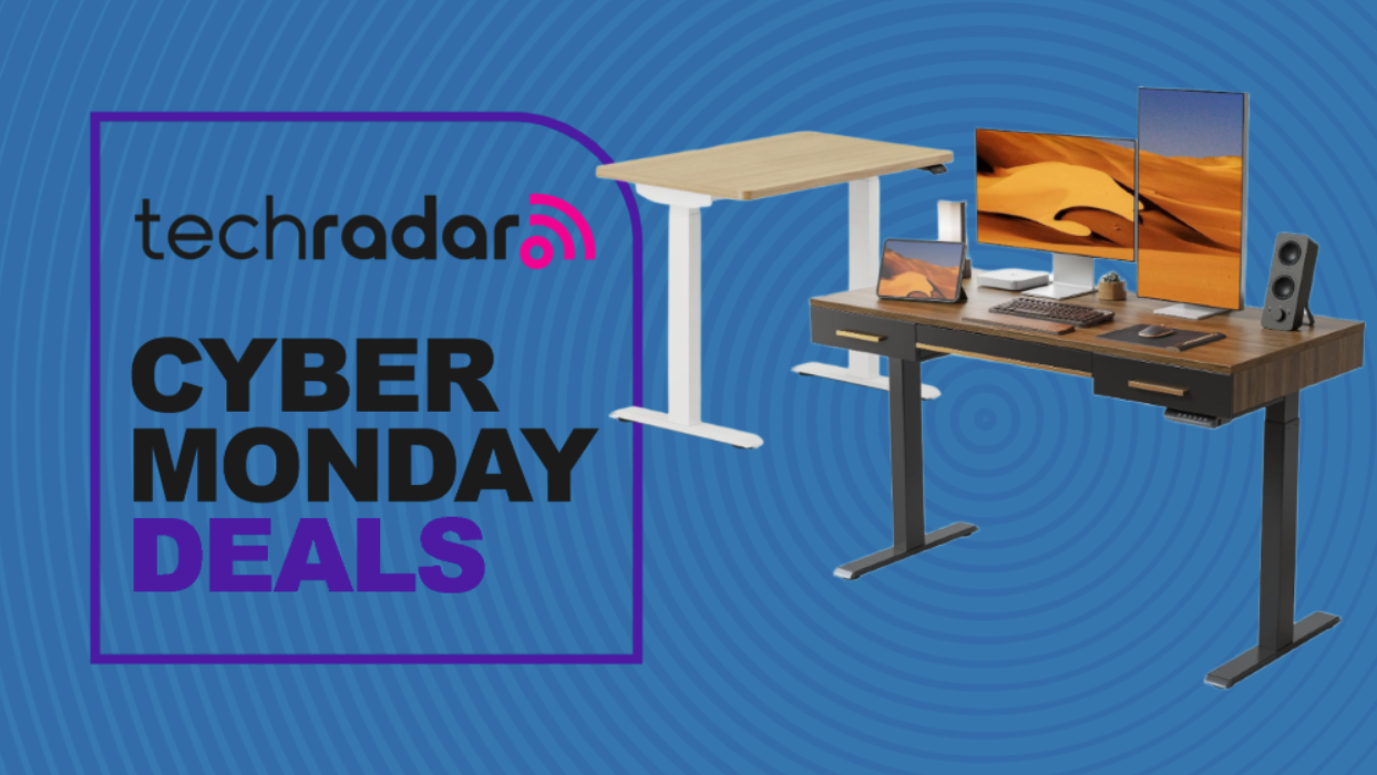A Branch Duo and Fezibo standing desk next to a TechRadar badge reading 'Cyber Monday deals'