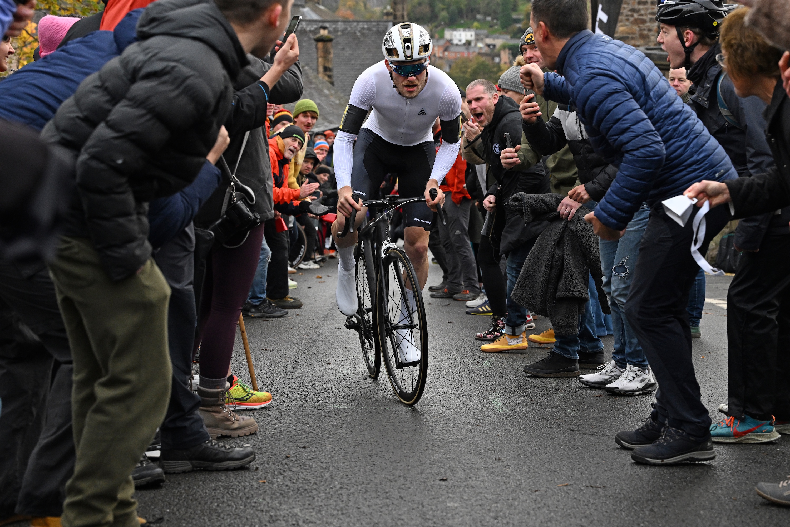 Harry MacFarlane rides up Bank Road at the 2025 National Hill-Climb Championships