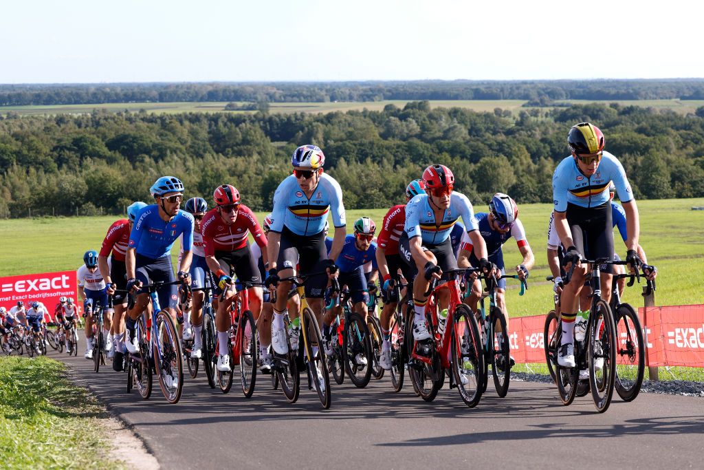 COL DU VAM NETHERLANDS SEPTEMBER 24 LR Matteo Sobrero of Italy Mads Pedersen of Denmark Wout Van Aert of Belgium Jasper Stuyven of Belgium and Florian Vermeersch of Belgium lead the peloton during the 29th UEC Road Cycling European Championships 2023 Elite Mens Road Race a 1998km one day race from Assen to Col du VAM UCIWT on September 24 2023 in Col du VAM Netherlands Photo by Bas CzerwinskiGetty Images