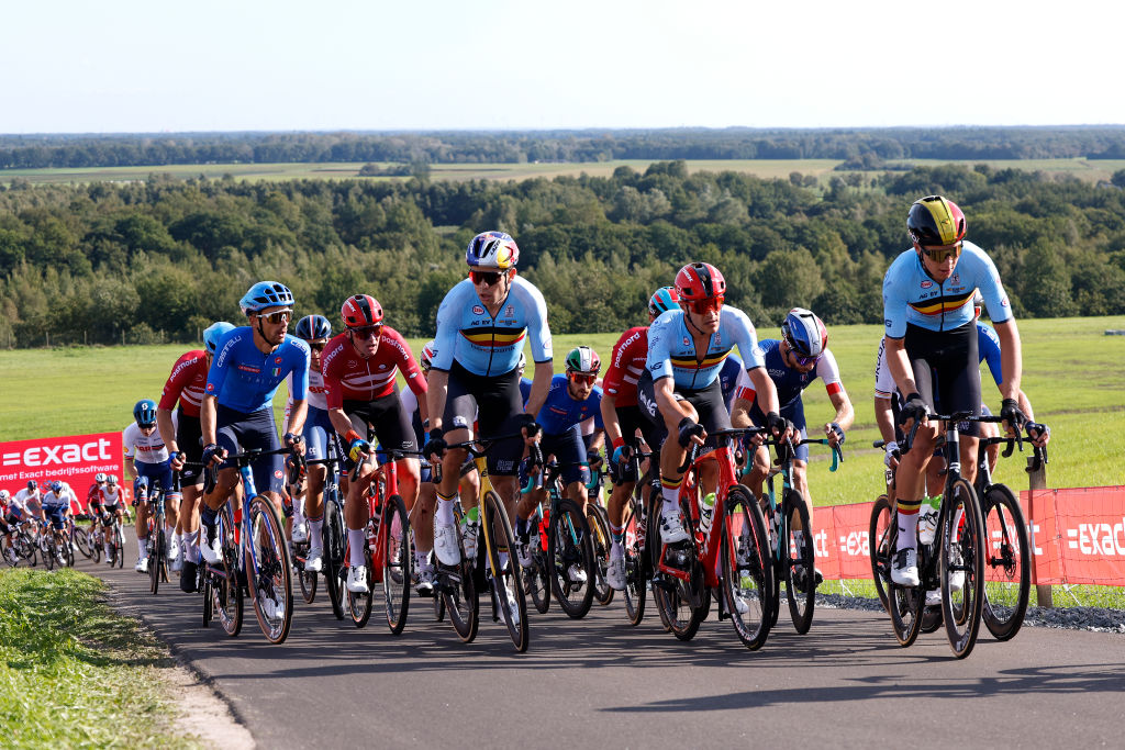 COL DU VAM NETHERLANDS SEPTEMBER 24 LR Matteo Sobrero of Italy Mads Pedersen of Denmark Wout Van Aert of Belgium Jasper Stuyven of Belgium and Florian Vermeersch of Belgium lead the peloton during the 29th UEC Road Cycling European Championships 2023 Elite Mens Road Race a 1998km one day race from Assen to Col du VAM UCIWT on September 24 2023 in Col du VAM Netherlands Photo by Bas CzerwinskiGetty Images