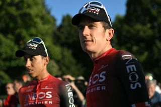 INEOS Grenadiers team's Colombian rider Egan Bernal (L) and INEOS Grenadiers team's British rider Geraint Thomas (R) looks on during the team presentation for the 111th edition of the Tour de France cycling race, in Florence in Italy, on June 27, 2024. (Photo by Marco BERTORELLO / AFP)