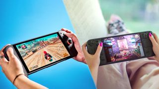 A side-by-side image showing a Nintendo Switch 2 and a Steam Deck OLED