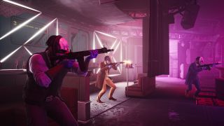 Payday 3 screenshot where two characters hold weapons up in a nightclub