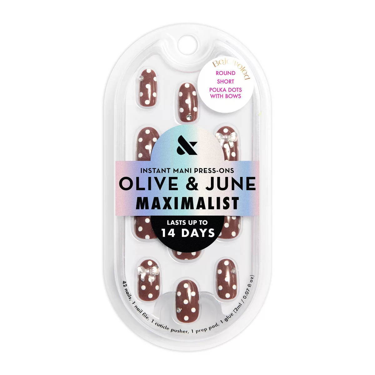 Olive U0026#38; June Press-On Fake Nails - Maximalist Jewelry - S Round - Polka Dot With Bows - 42ct