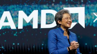 AMD CEO and chair Dr. Lisa Su on stage in front of a large AMD logo