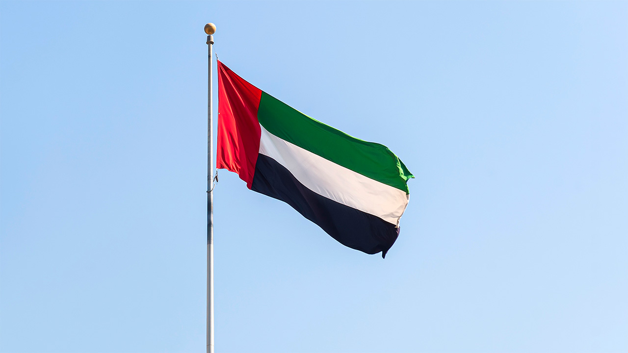 UAE flag flying against a blue sky
