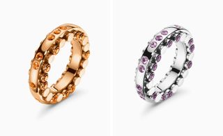 Side by side: Bucherer’s Dizzler rings. Left is a dark gold ring with circular stones. Right is a light silver with circular stones.