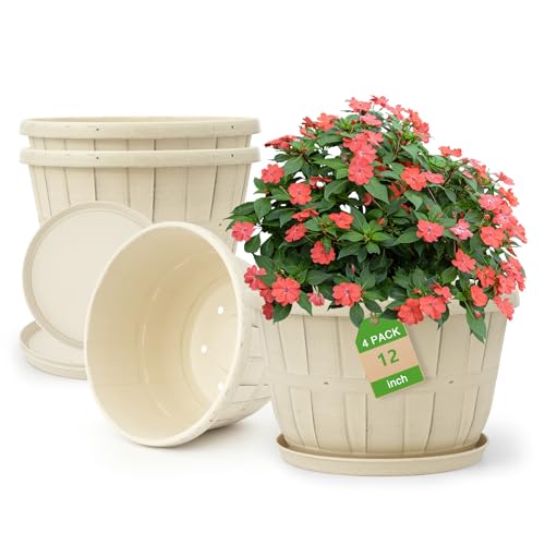 Quarut 12 Inch Large Planter Pot for Plants Indoor Outdoor, 4 Pack Plastic Flower Pots With Drainage Hole &amp;amp; Tray, Modern Decorative Garden Pot With Saucer, Plant Container for House&amp;#65288;white&amp;#65289;