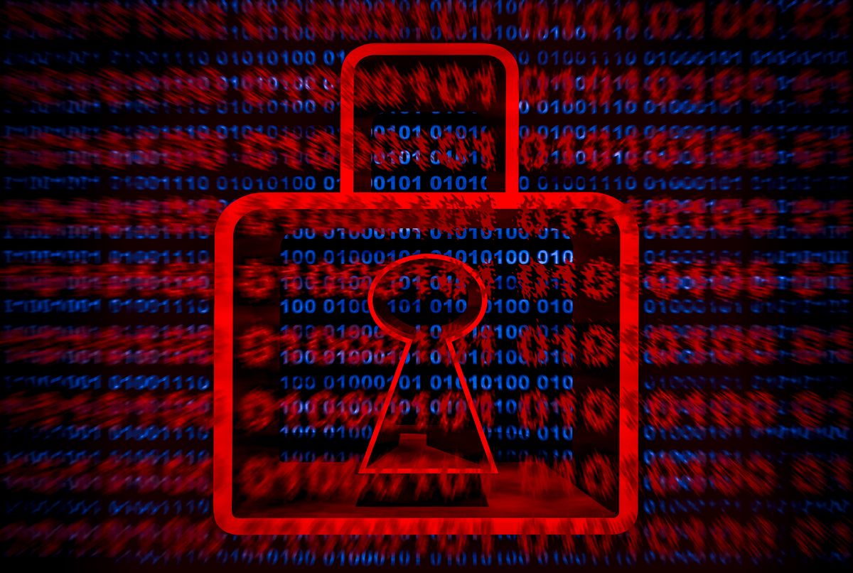 Ransomware stock image featuring a digitized red padlock with binary code in background