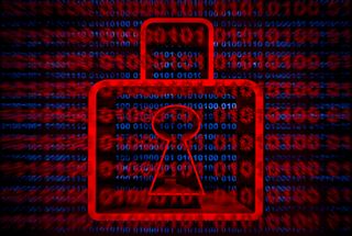 Ransomware stock image featuring a digitized red padlock with binary code in background