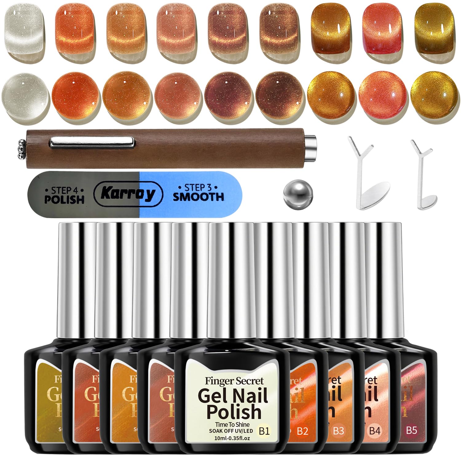 Karroy Gel Nail Polish Set, Cat Eye Gel Polish Kit, Holographic Reflective Magnetic Shimmer Nude Neutral Tortoise Terracotta Brown Orange Gel, Manicure Salon Diy, Soak Off, Uv/led Cured (9 Colors B)