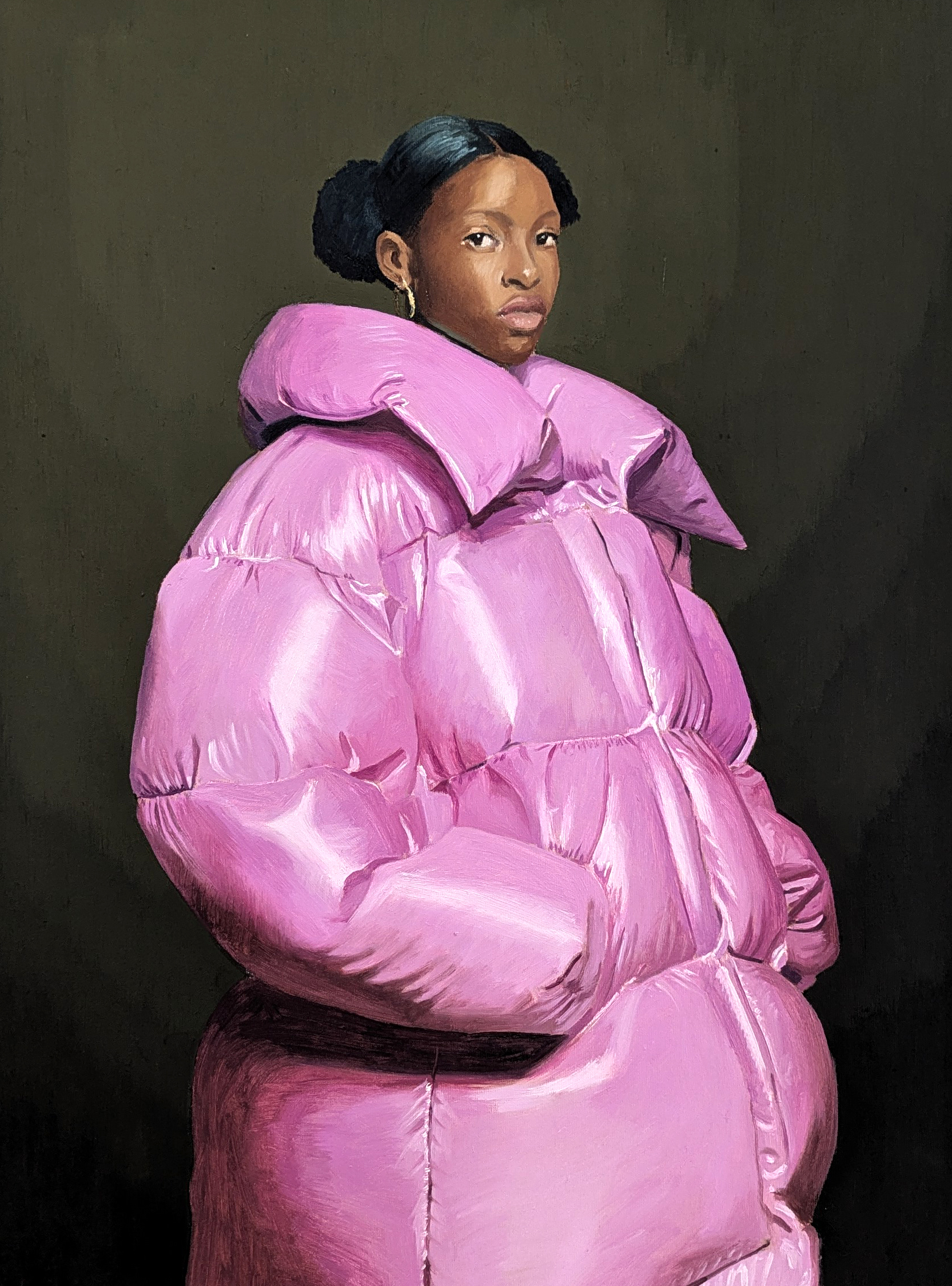 A painted portrait of a person in a quilted coat seated against a dark background
