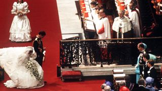 Princess Diana curtsying to the Queen on her wedding day