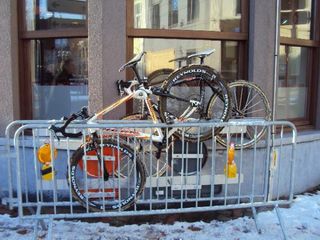 Our bikes set up so they wouldnt be stolen in front of the bakery.