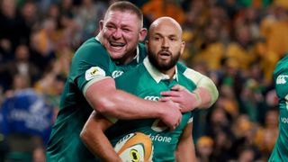 RUGBYU-AUS-IREIreland's scrum-half Jamison Gibson-Park (R) celebrates scoring a try with teammate Tadhg Furlong (L) during the Nations Championship