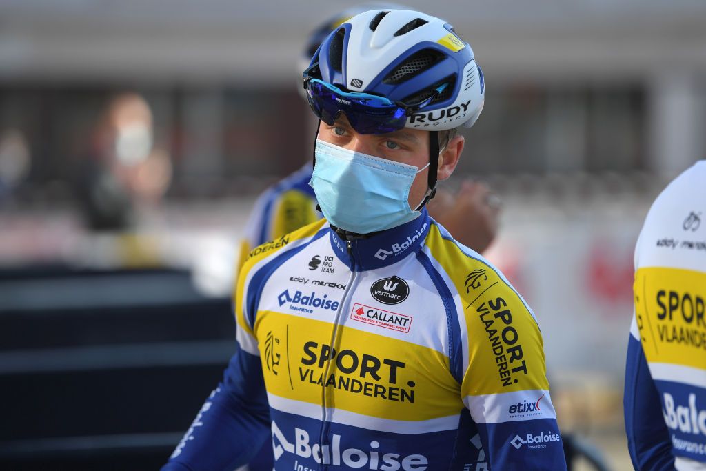 DOUR BELGIUM MARCH 02 Start Thimo Willems of Belgium and Team Sport VlaanderenBaloise during the 53rd Grand Prix Le Samyn 2021 Mens Elite a 2054km race from Quaregnon to Dour Mask Covid safety measures Team Presentation GPSamyn on March 02 2021 in Dour Belgium Photo by Luc ClaessenGetty Images