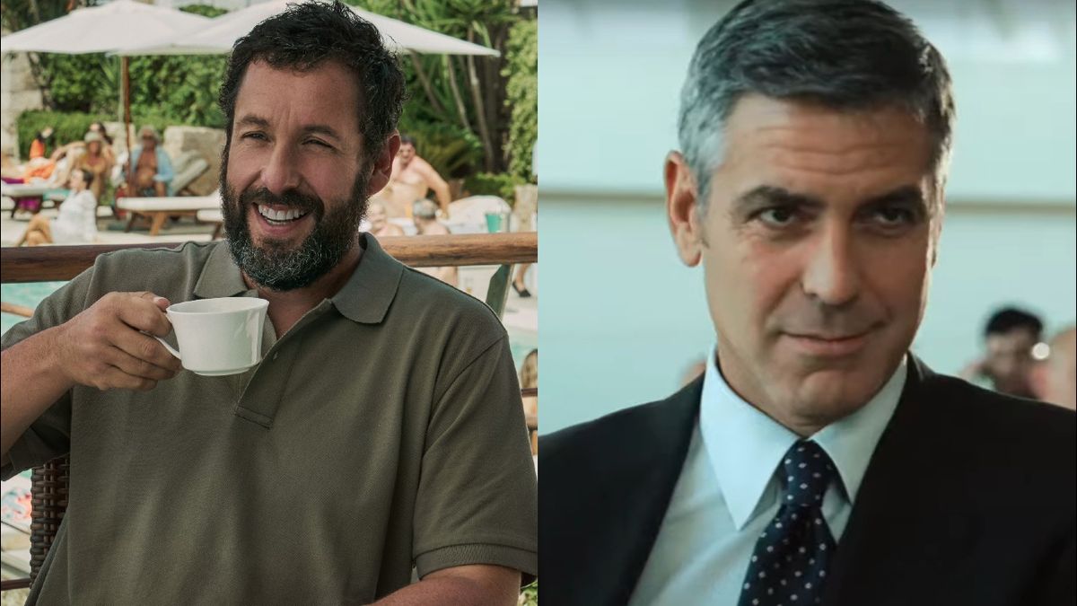 Adam Sandler smiles while holding a cup of coffee in Hustle, pictured next to George Clooney&#039;s sly smile from Up in the Air.