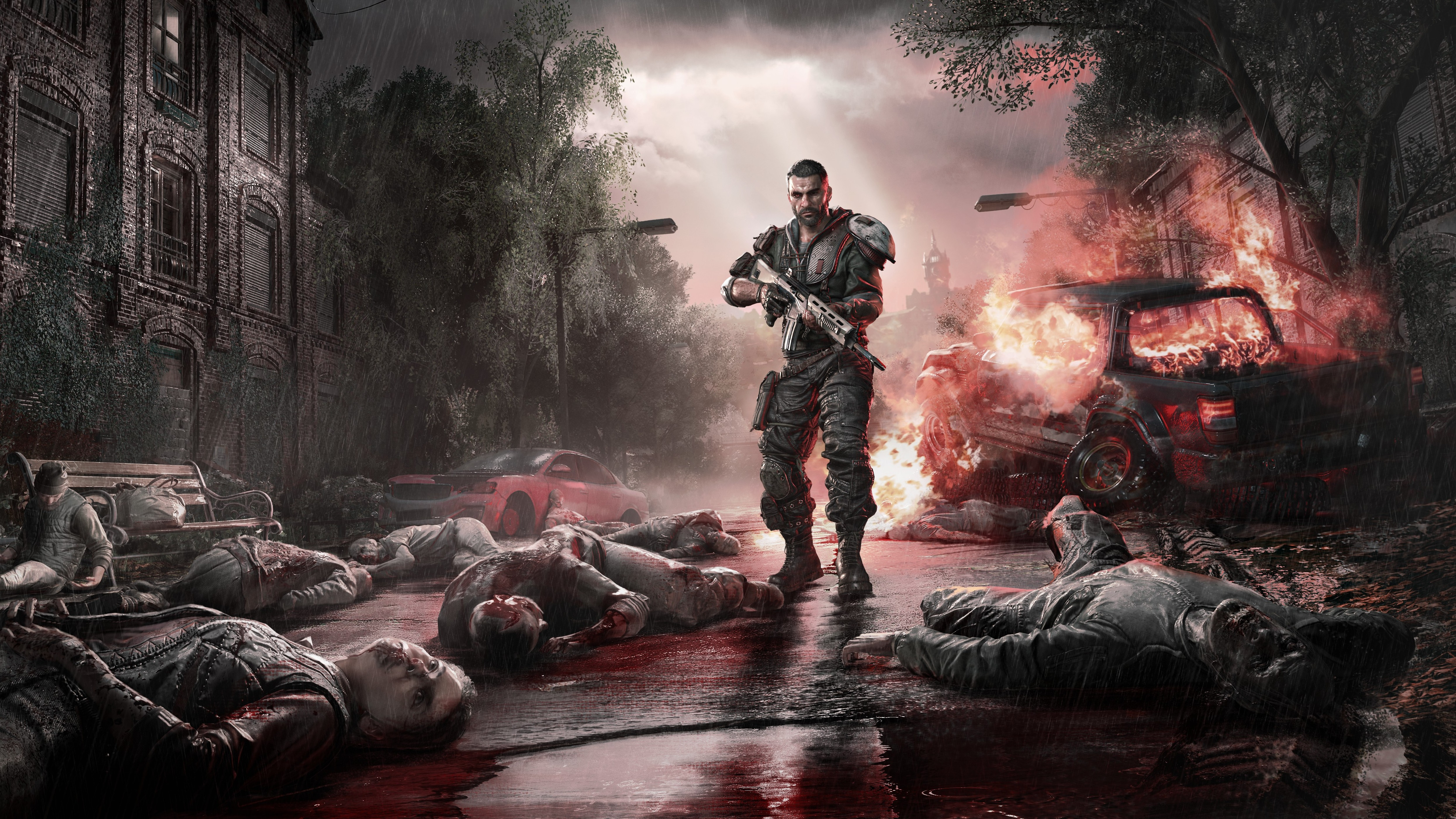 Promotional art for Dying Light The Beast featuring Kyle Crane among a scene of dead zombies and a burning car