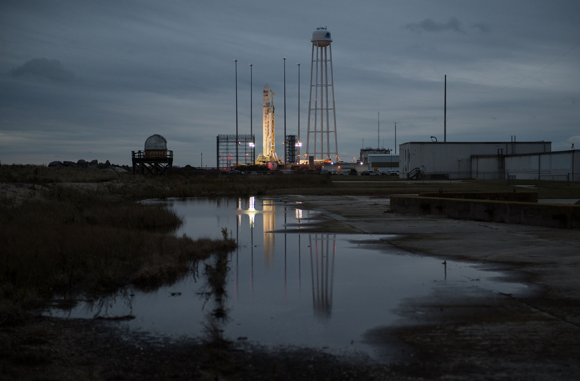 The Northrop Grumman Antares rocket carrying the Cygnus NG-10 cargo ship stands atop Pad-0A of NASA&#039;s Wallops Flight Facility on Wallops Island, Virginia. It is scheduled to launch on Nov. 16, 2018.