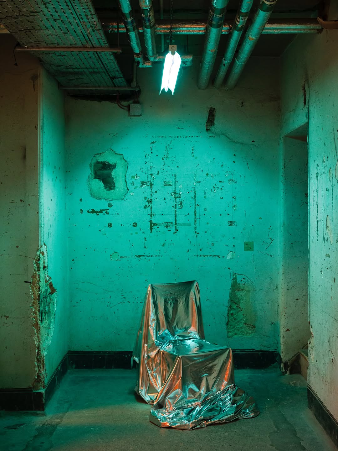 A chair covered in silver cloth photographed under blue and green light in a bare room