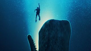 Whalefall poster showing a scuba diver hovering over a whale's open mouth. 