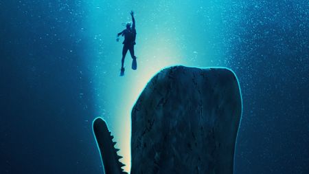 Whalefall poster showing a scuba diver hovering over a whale's open mouth. 