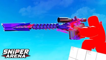 A red Roblox model aims a colorful rifle in Sniper Arena.