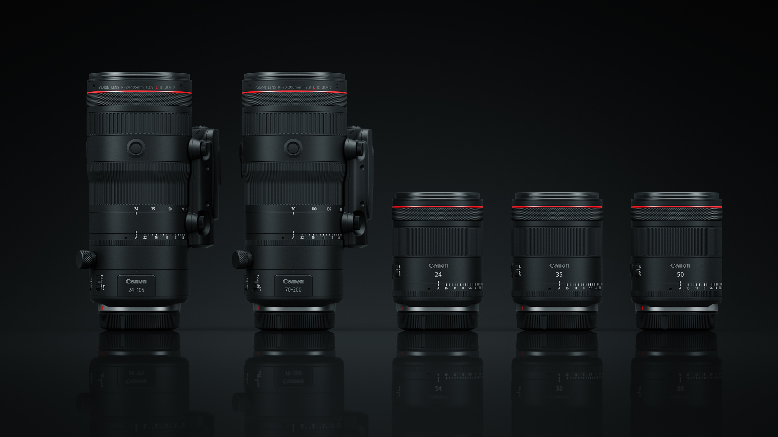 Five Canon hybrid RF lenses side by side on a dark background with their reflections.