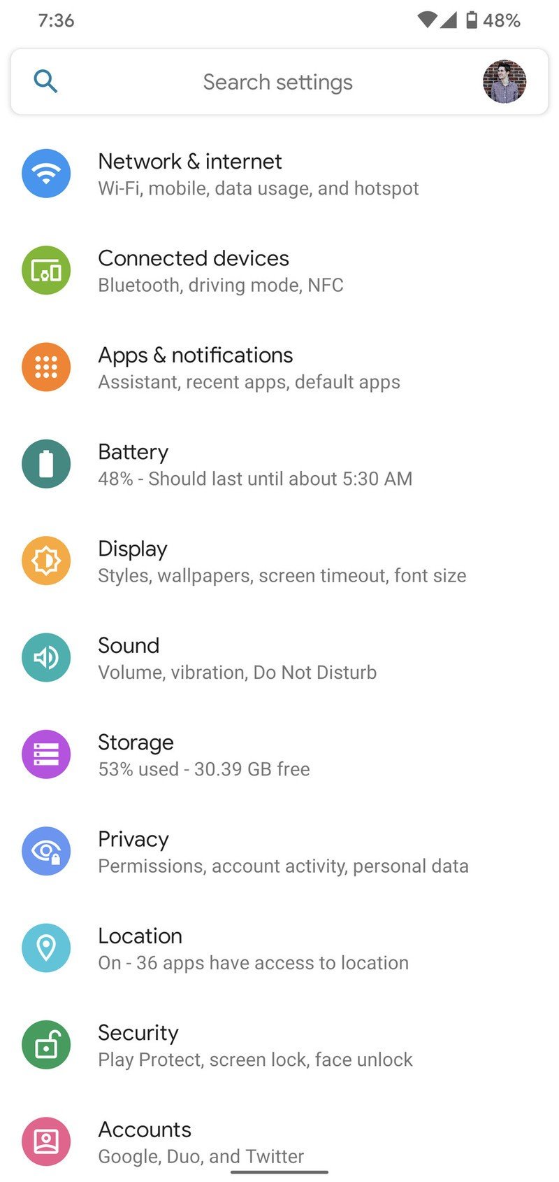 Android 10 settings page