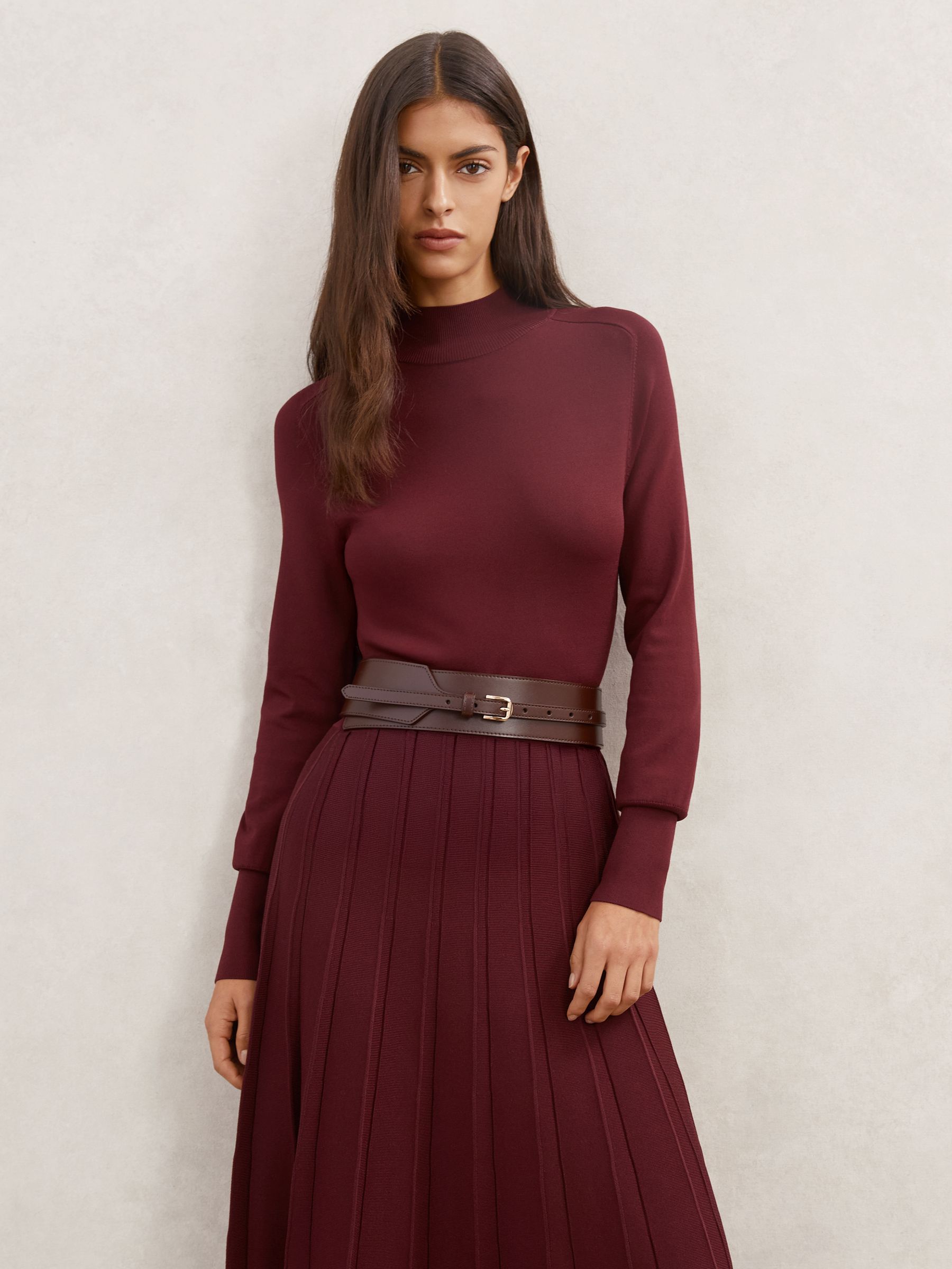 Petite Belted Knit Pleated Midi Dress in Raspberry Red
