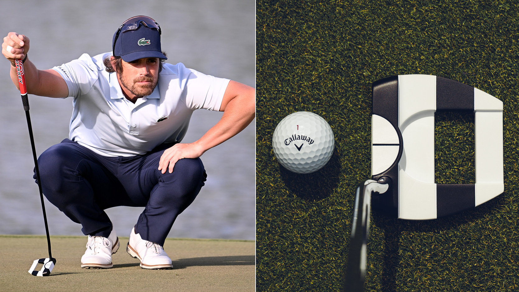 Nacho Elvira lines up a putt, with a Odyssey putter next to him