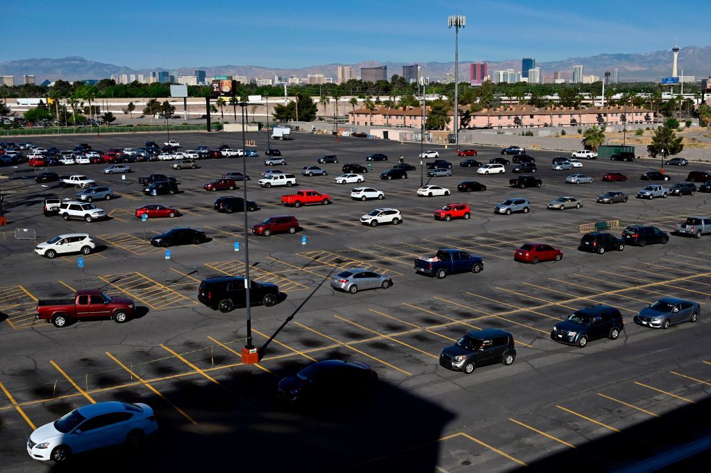 Drive-thru food bank line in Las Vegas.