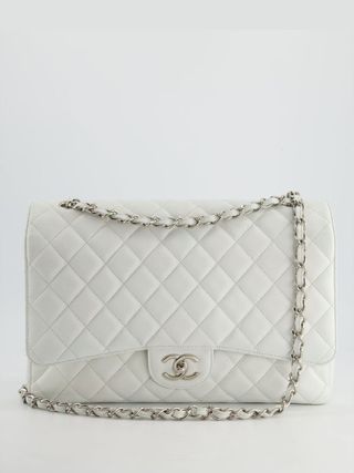 Chanel White Classic Maxi Double Flap Bag in Caviar Leather With Silver Hardware