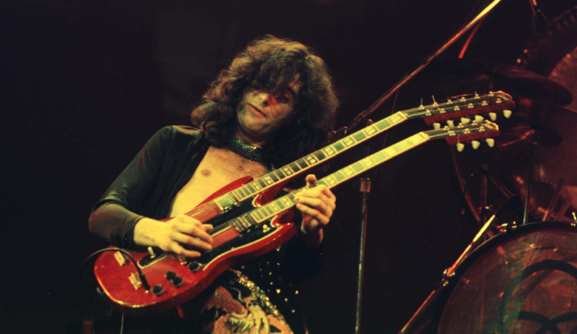 Jimmy Page performs with Led Zeppelin at Chicago Stadium in Chicago, Illinois on January 20, 1975