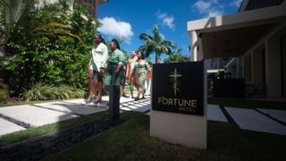 Contestants walking through The Fortune Hotel resort from the series' opener