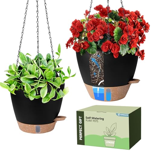 Goproauto Self-Watering Hanging Planters With Water Level Window, 8/10 Inch Indoor Outdoor Hanging Plant Pots Includes Chain Hangers With Drainage Holes &amp;amp; Detachable Reservoir (black, 8+10 Inch)