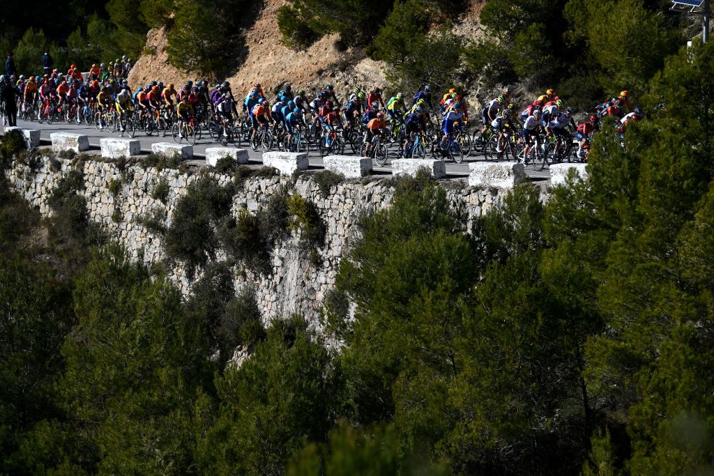 ALTO DE PINOS SPAIN FEBRUARY 02 A general view of the peloton competing during the 74th Volta a la Comunitat Valenciana 2023 Stage 2 a 1782km stage from Novelda to Alto de Pinos 621m VCV2023 VoltaValenciana on February 02 2023 in Alto de Pinos Spain Photo by Dario BelingheriGetty Images