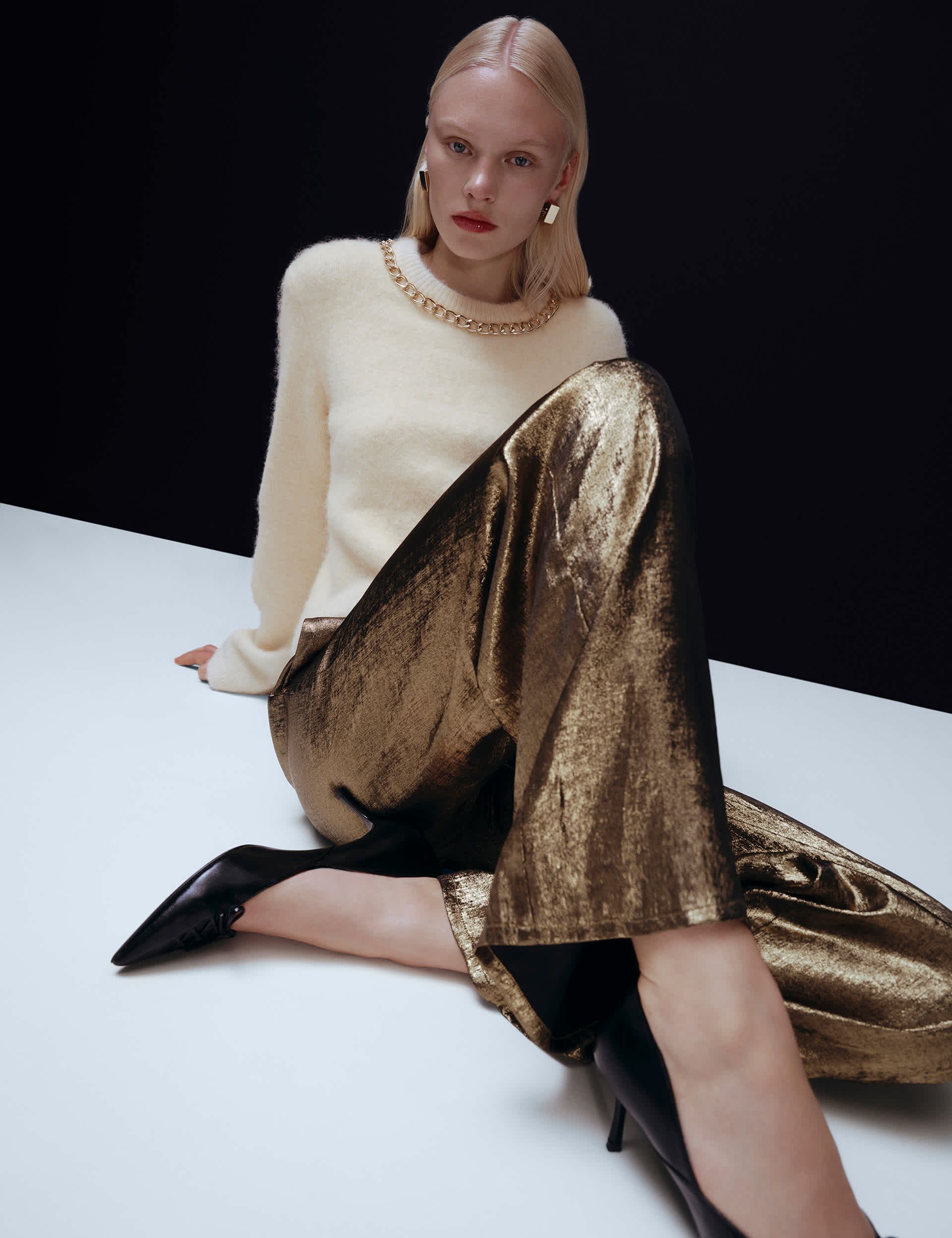 Satin Metallic Drawstring Wide Leg Trousers