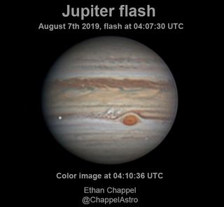 Image of Jupiter processed from images obtained by Ethan Chappel shortly after the impact. An image of the flash produced by the impact has been included at its right location over the color image. 