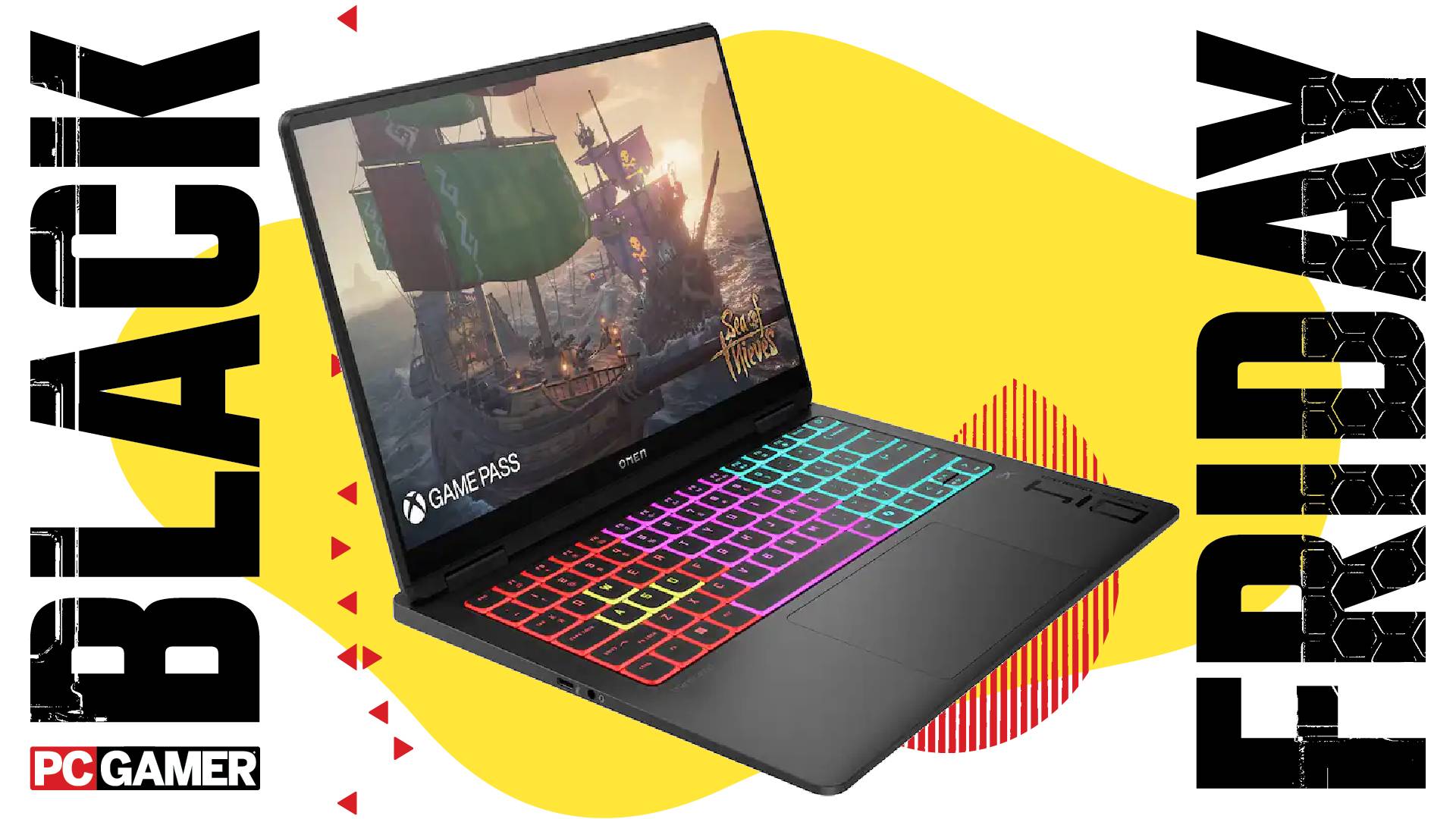 A HP Omen Transcend 14 gaming laptop on a custom Black Friday background.