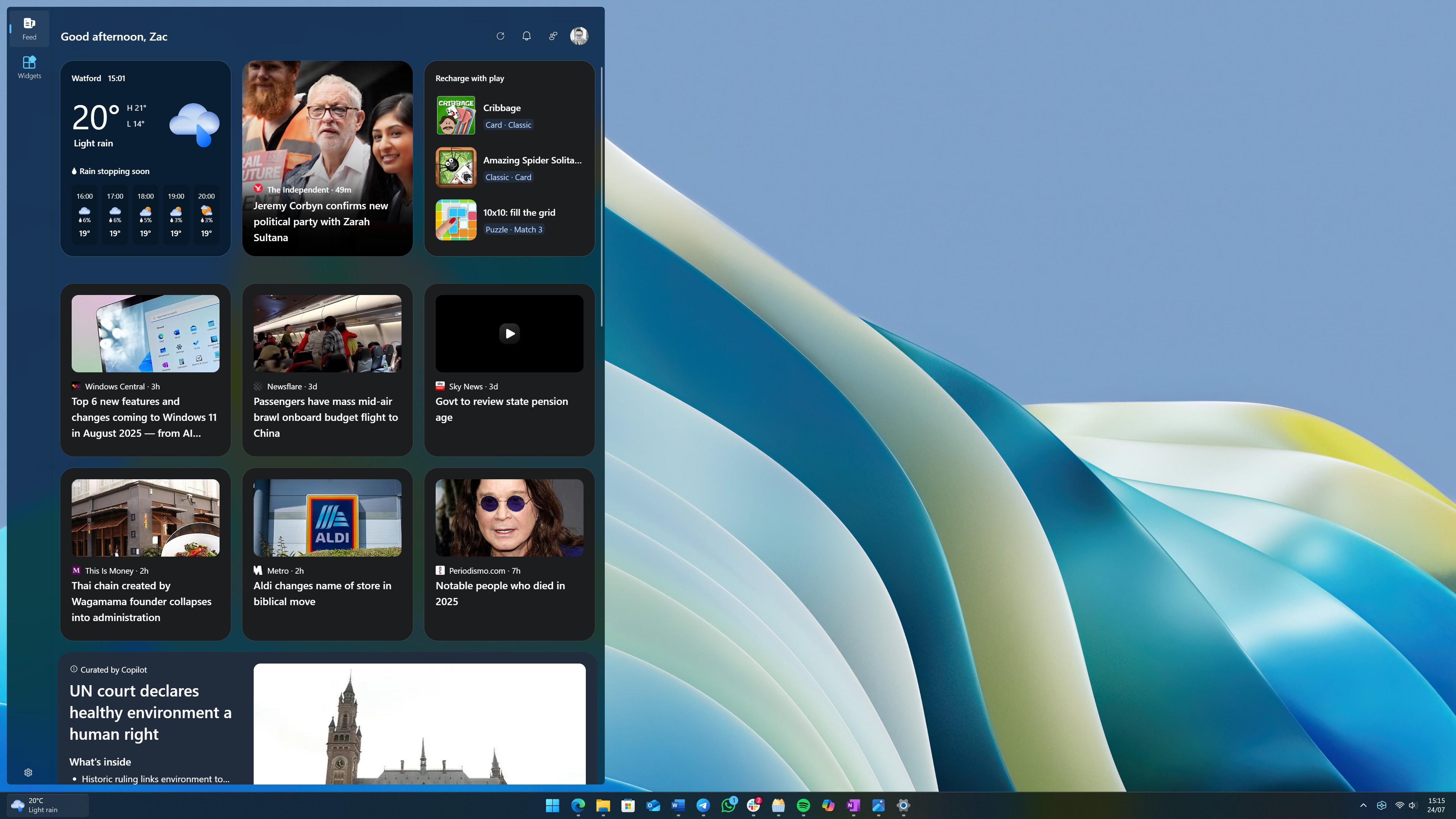Windows 11 widgets board in dark mode