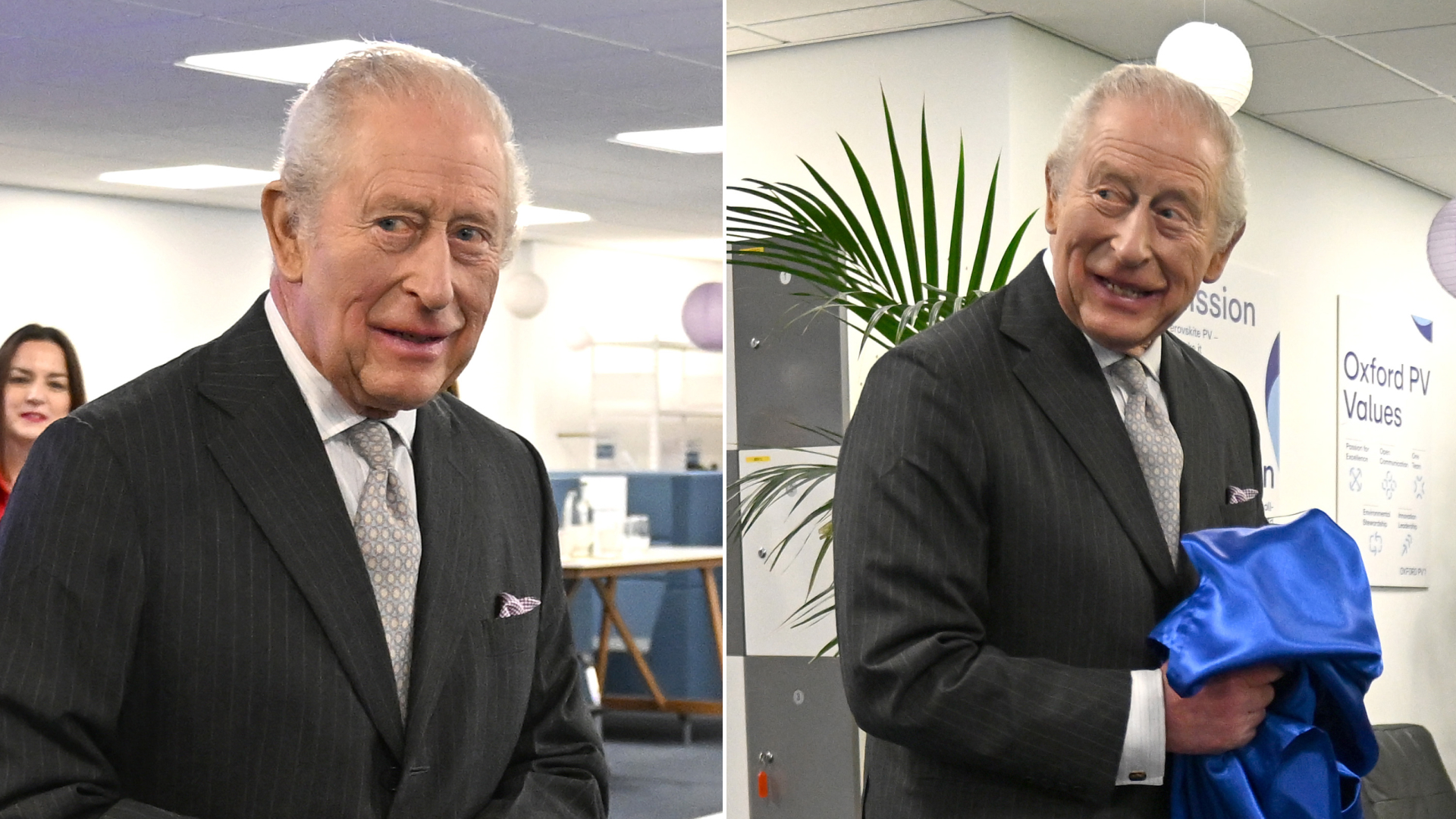 King Charles makes an error and drops a plaque and looks embarrassed