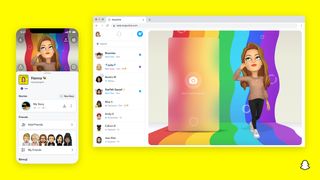Snapchat for web showing a 3D bitmoji pulling a pose in front of a wavvy rainbow background