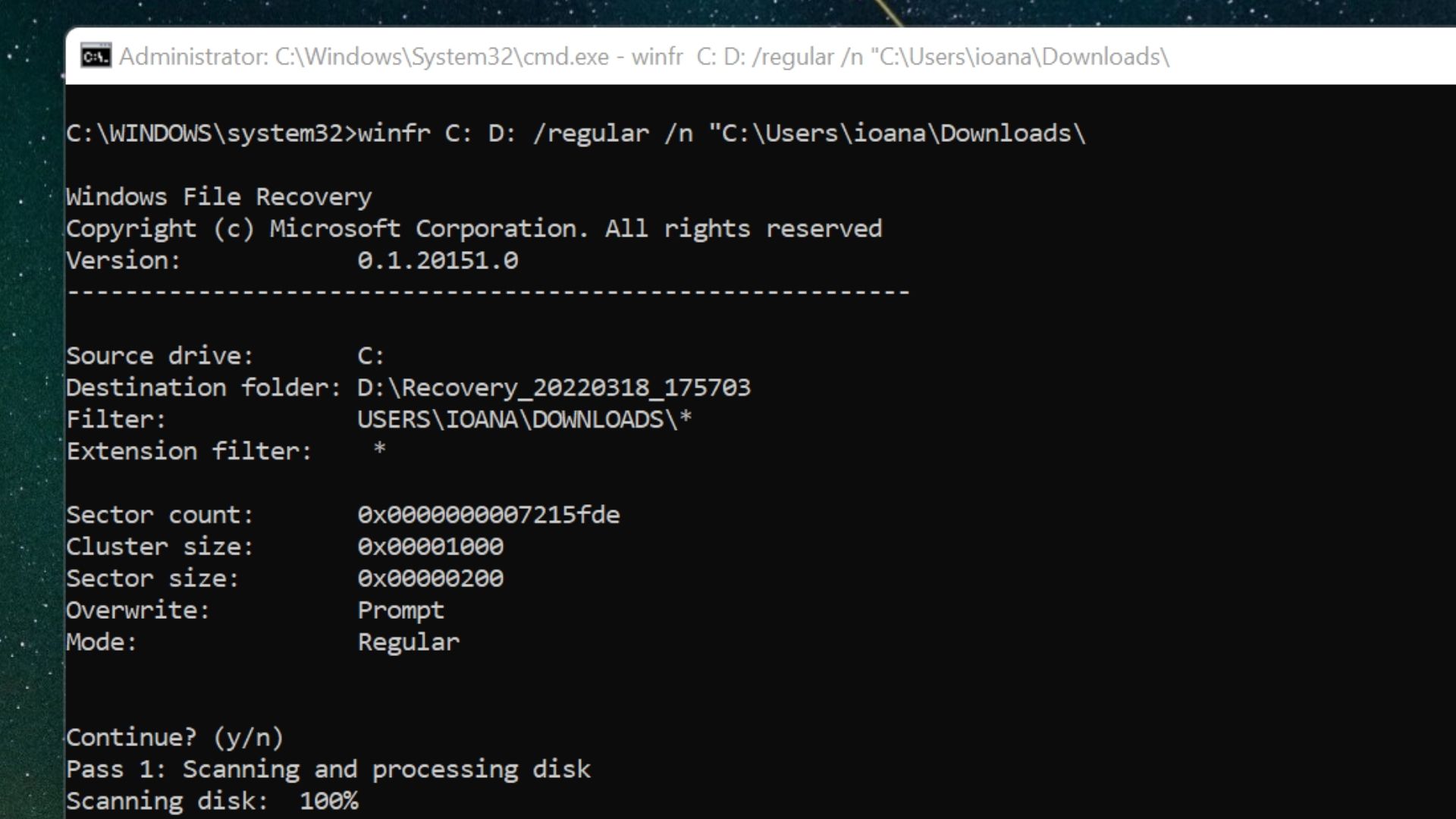 Screenshot of Windows File Recovery command line